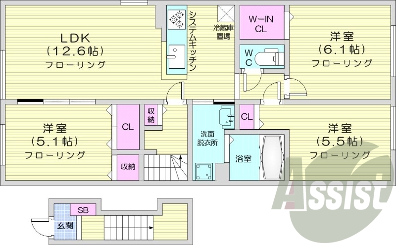 3LDK、エアコン、浴室乾燥機、追い炊き、システムキッチン