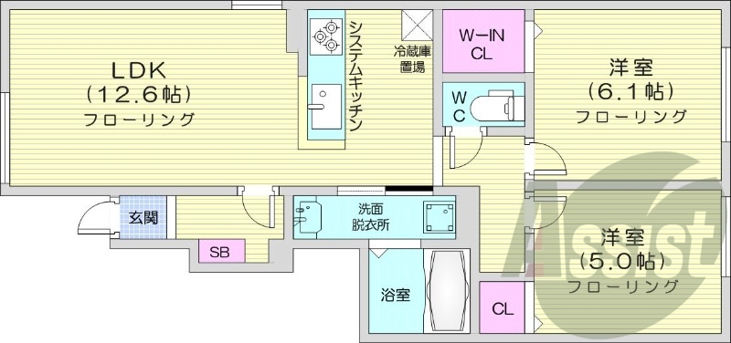 2LDK、エアコン、システムキッチン、追い炊き、浴室乾燥機