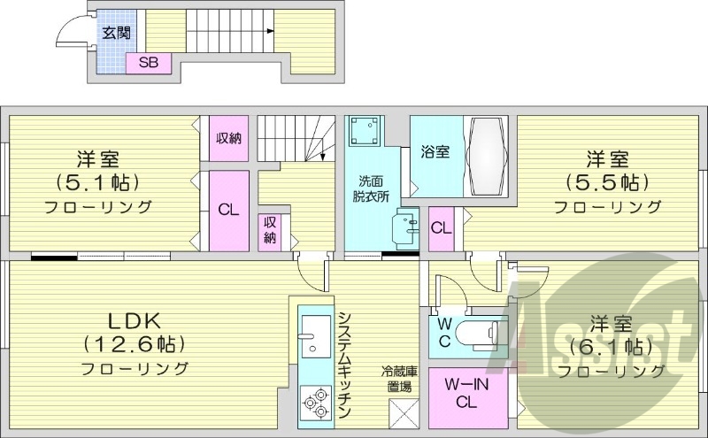 3LDK、エアコン、システムキッチン、追い炊き、浴室乾燥機