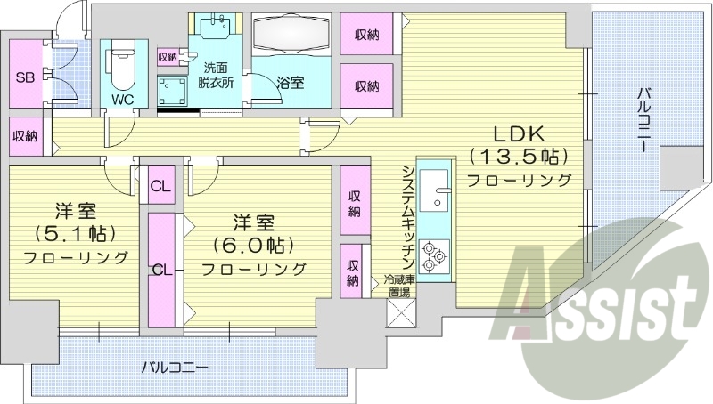 2LDK、都市ガス、エアコン、追い焚き、システムキッチン