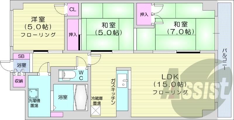 3LDK、エアコン、都市ガス、オートロック、バルコニー