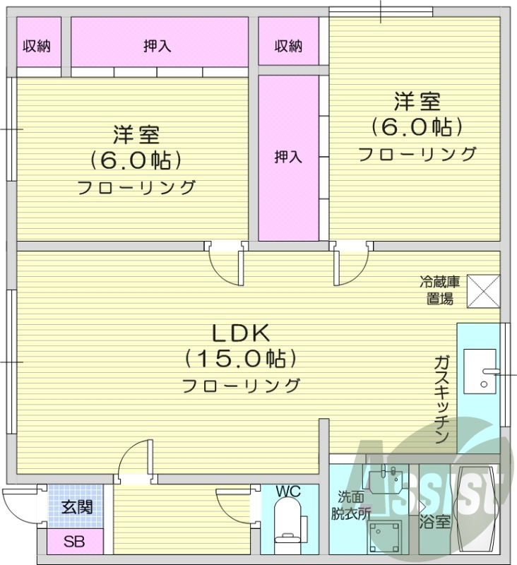 2LDK、独立洗面台、ガスキッチン、灯油暖房