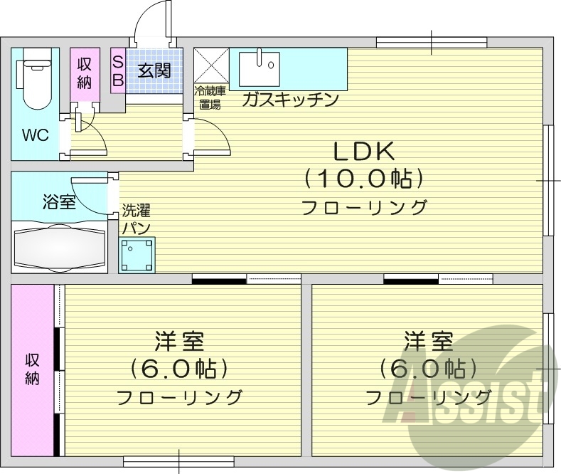 2LDK、シャワートイレ、バス・トイレ別、灯油暖房