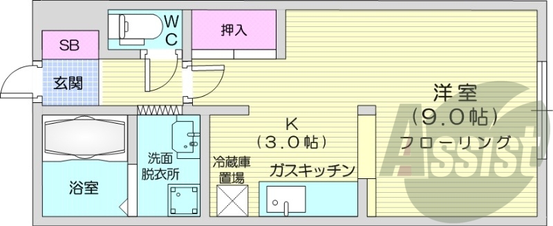 1K、エアコン、独立洗面台、ガスキッチン、