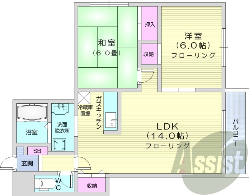 2LDK、エアコン、独立洗面台、ガスキッチン