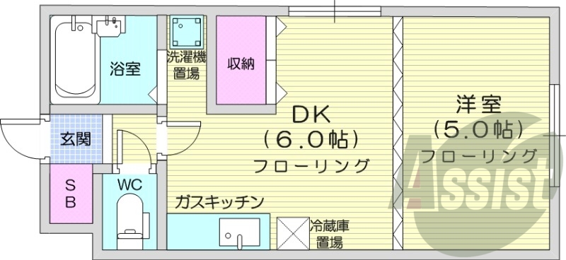 1DK、ガス暖房、洗面台、TVモニター付きインターホン