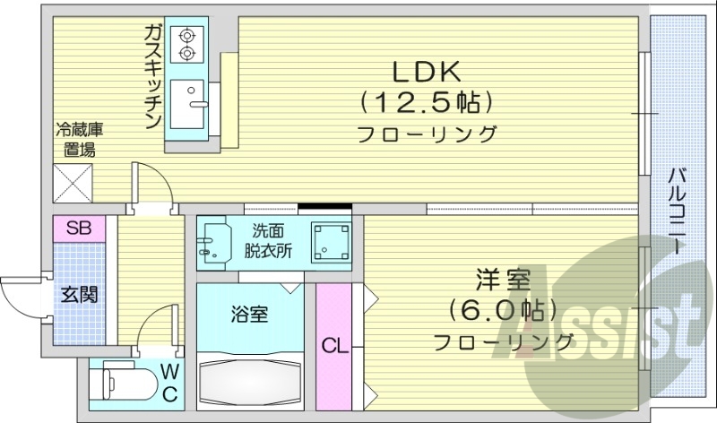 1LDK、対面キッチン、灯油暖房、バルコニー