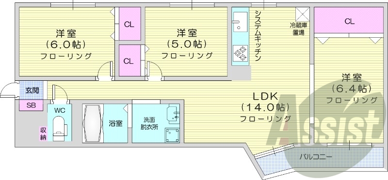 3LDK、エアコン、システムキッチン、独立洗面台
