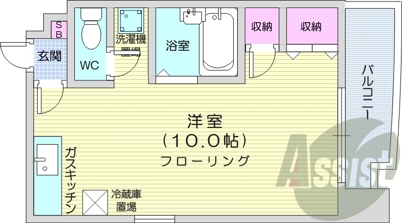 1R、ガス給湯、灯油FF暖房、バストイレ別、室内洗濯機置場
