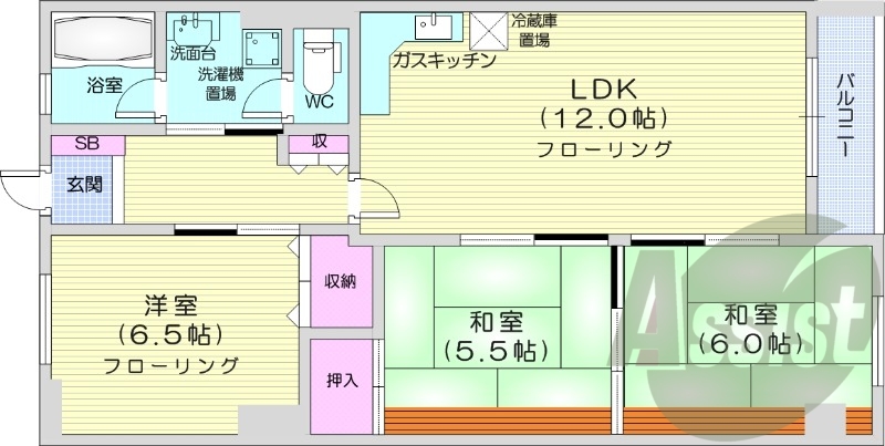 3LDK、オートロック、追い炊き、灯油給湯、バストイレ別