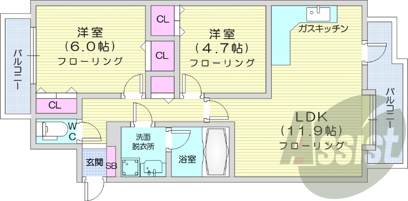 2LDK、都市ガス、エアコン、灯油暖房、シャンプードレッサー