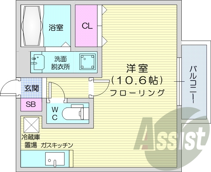 1K、オートロック、灯油暖房、カウンターキッチン
