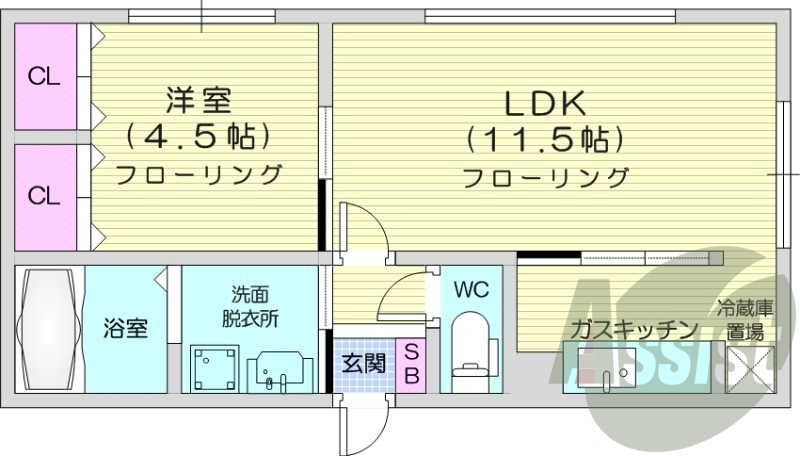 1LDK、都市ガス、システムキッチン、独立洗面台