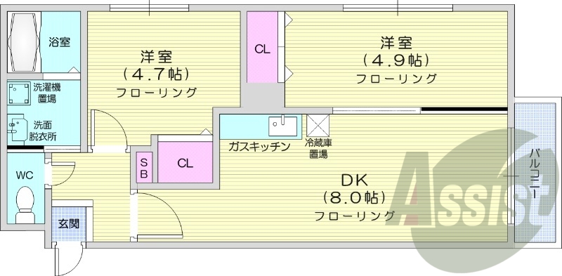 2DK、エアコン、浴室乾燥機、ネット無料、独立洗面台