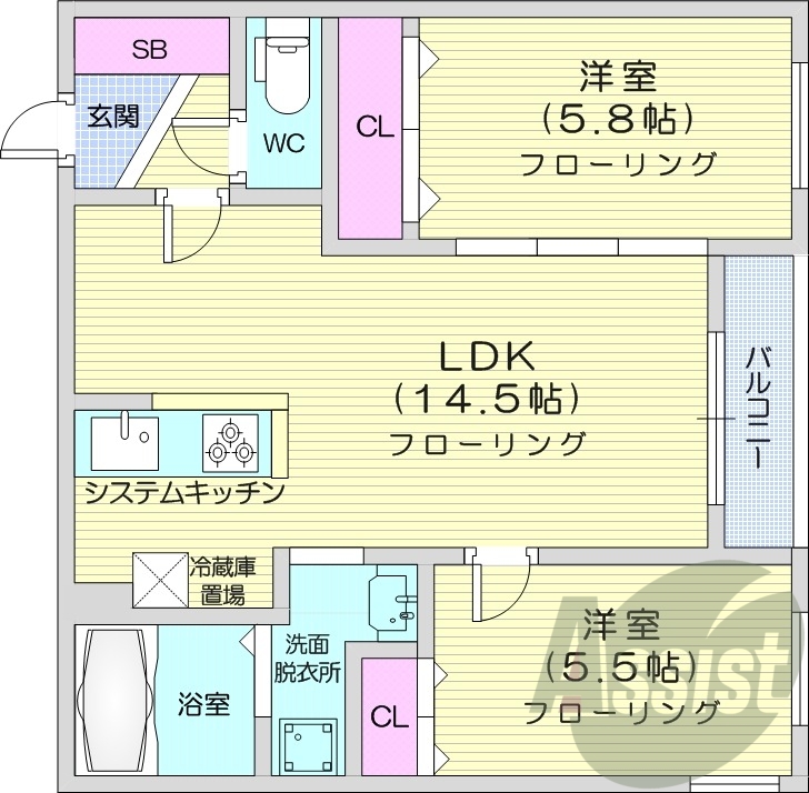 2LDK、エアコン、追い炊き、オートロック、システムキッチン
