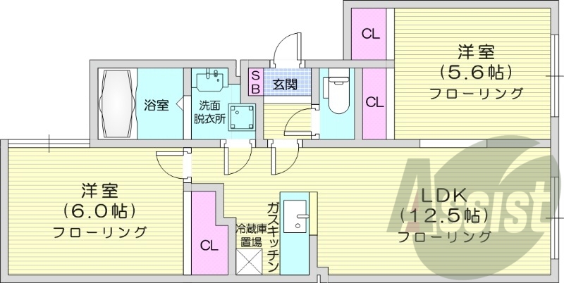 2LDK、対面キッチン、温水洗浄便座、バス・トイレ別