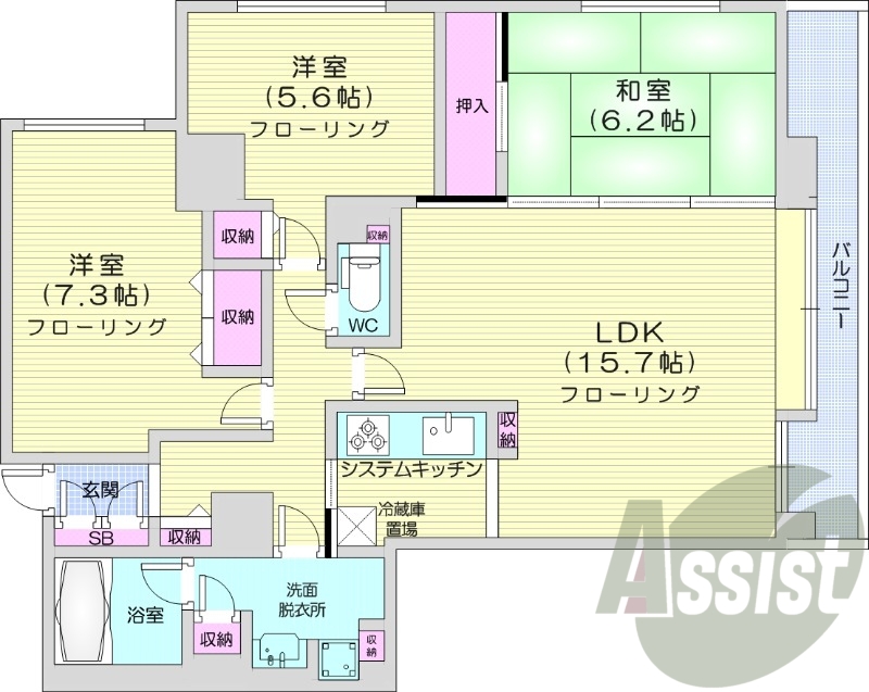 3LDK、分譲賃貸、システムキッチン、追い焚き