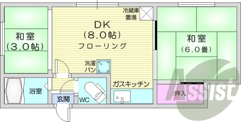 2DK、灯油暖房、バストイレ別、角部屋、