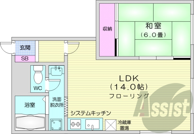 1LDK、都市ガス、灯油暖房、バストイレ別