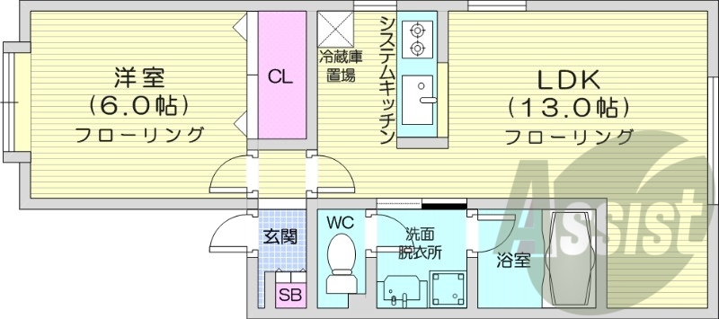 1LDK、エアコン、ネット無料、システムキッチン