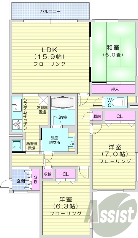3LDK、システムキッチン、都市ガス、追い焚き