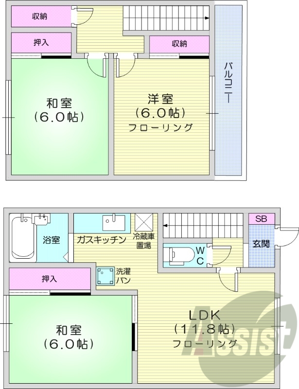 3LDK、灯油暖房、バルコニー、メゾネットタイプ