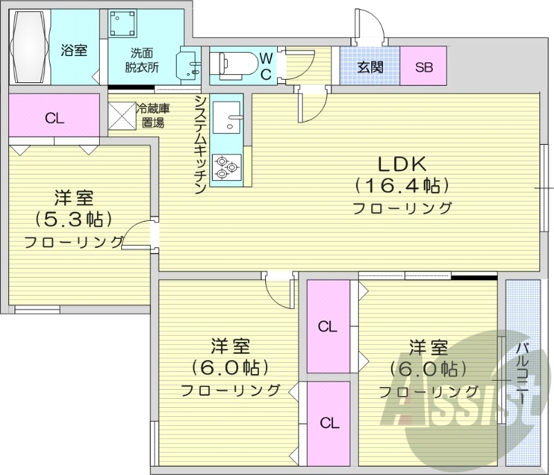 3LDK、システムキッチン、シャワートイレ、ネット無料
