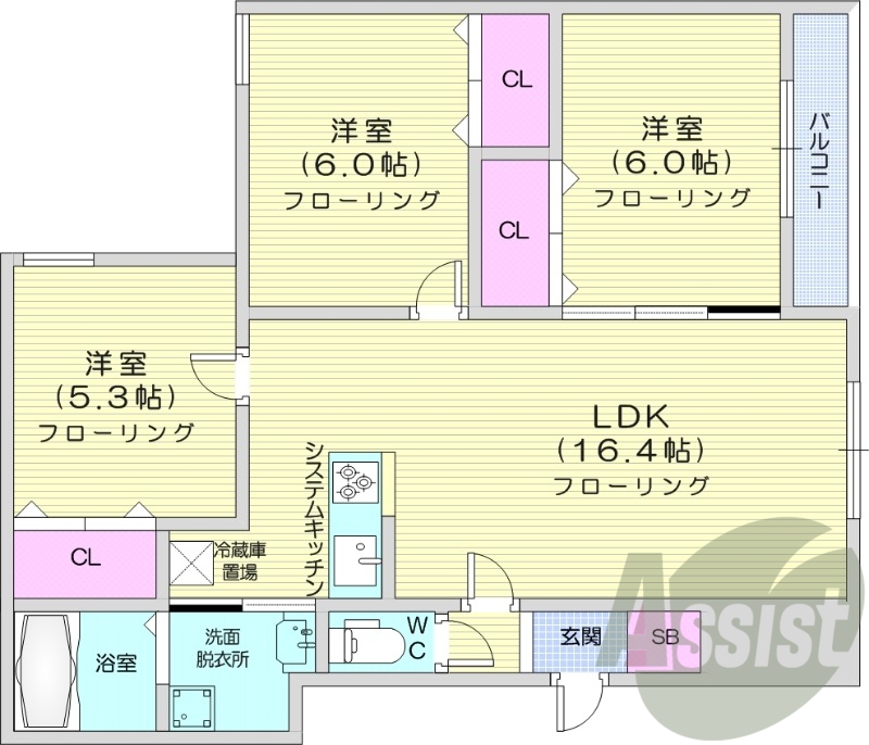3LDK、システムキッチン、シャワートイレ、ネット無料