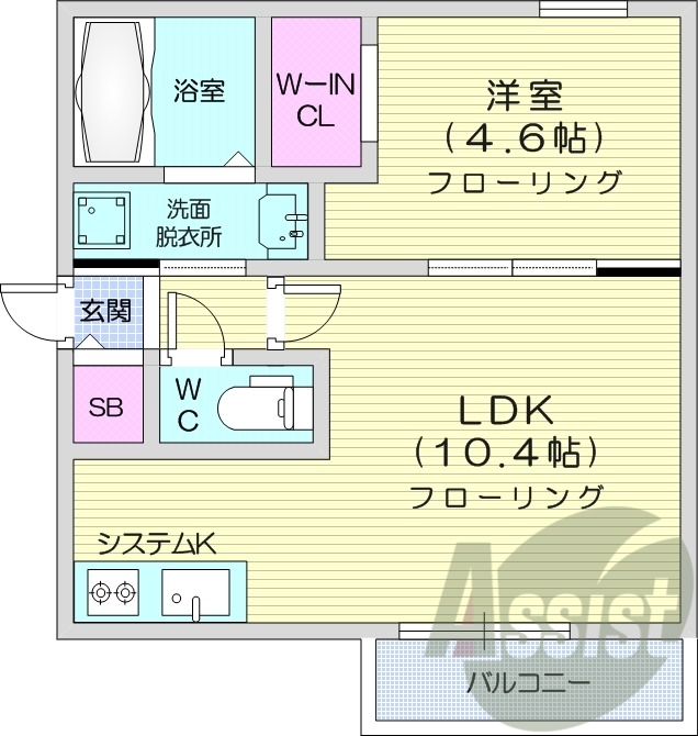1LDK、都市ガス、エアコン、システムキッチン