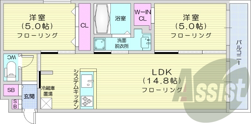2LDK、エアコン、都市ガス、システムキッチン