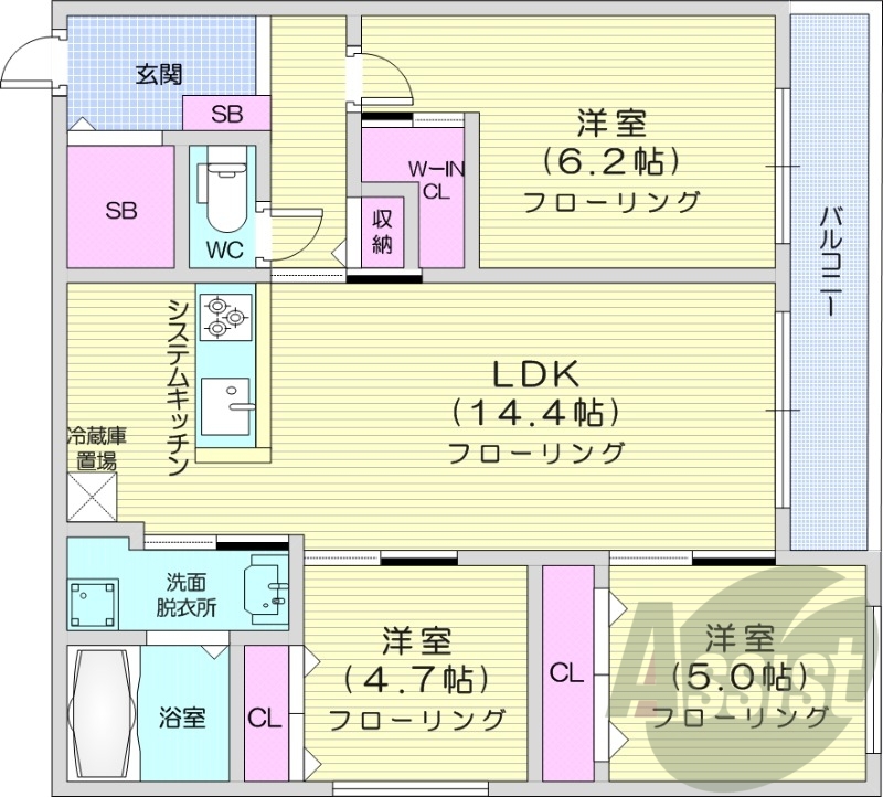 3LDK、エアコン、都市ガス、システムキッチン