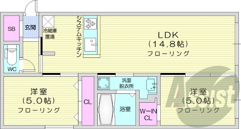 2LDK、エアコン、都市ガス、システムキッチン