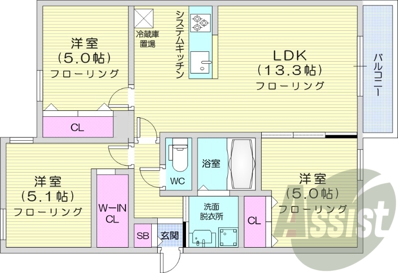 3LDK、都市ガス、エアコン、システムキッチン
