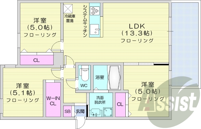 3LDK、都市ガス、エアコン、システムキッチン