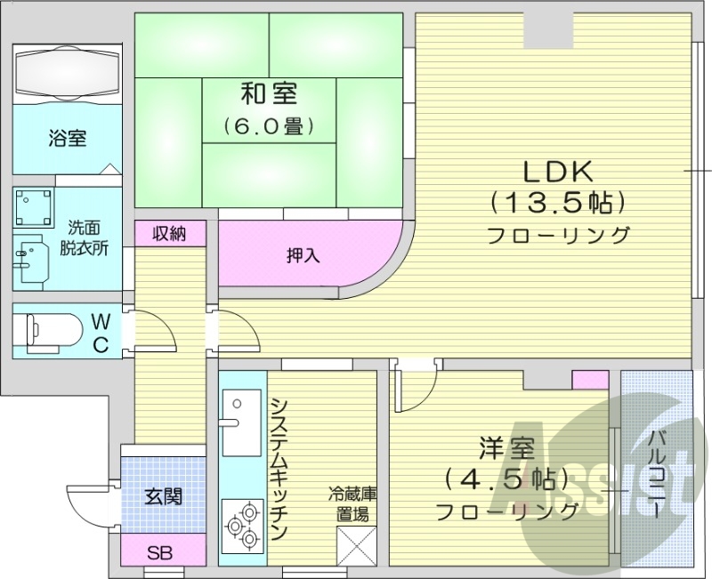 2LDK、都市ガス・灯油暖房、角部屋、システムキッチン