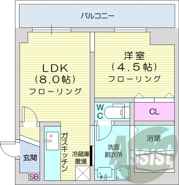 1LDK、オートロック、バストイレ別、灯油FF暖房、