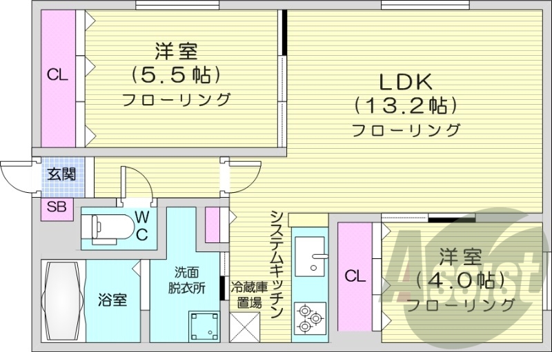 2LDK、エアコン、都市ガス、システムキッチン