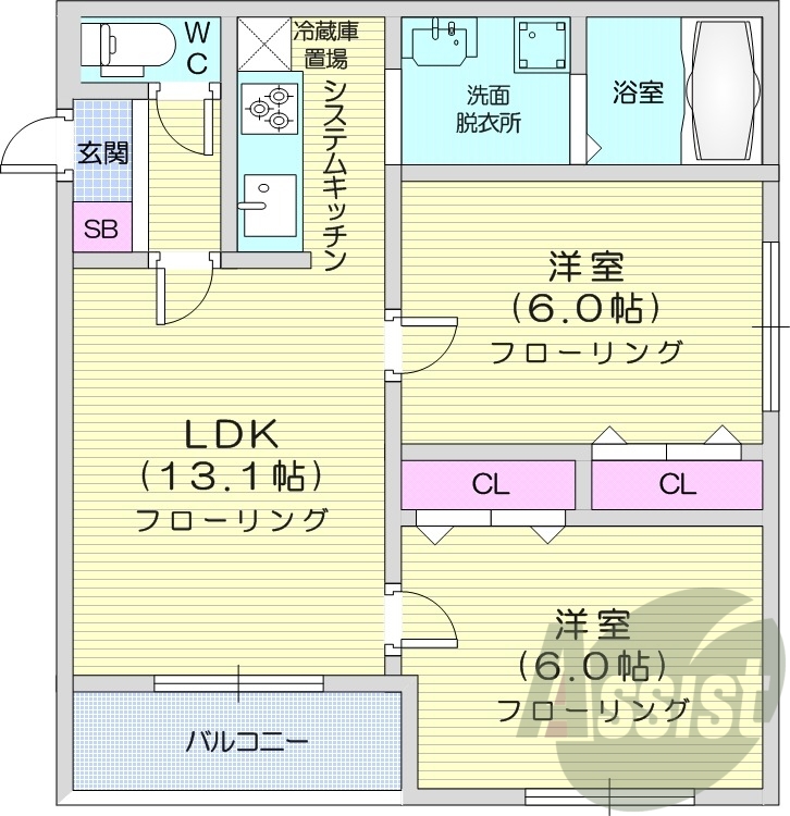 2LDK、ネット無料、オートロック、エアコン
