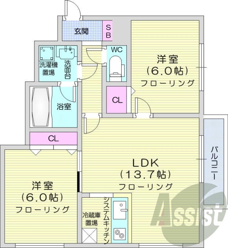2LDK、対面キッチン、IHキッチン、エアコン、オートロック