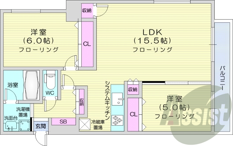 2LDK、都市ガス、ネット無料、ロードヒーティング