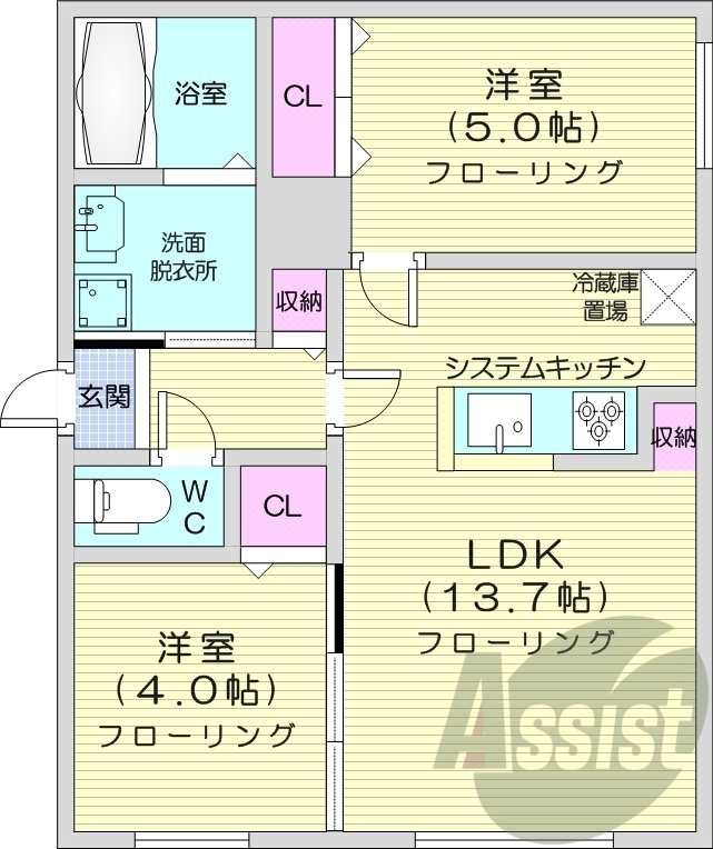 2LDK、エアコン、都市ガス、システムキッチン