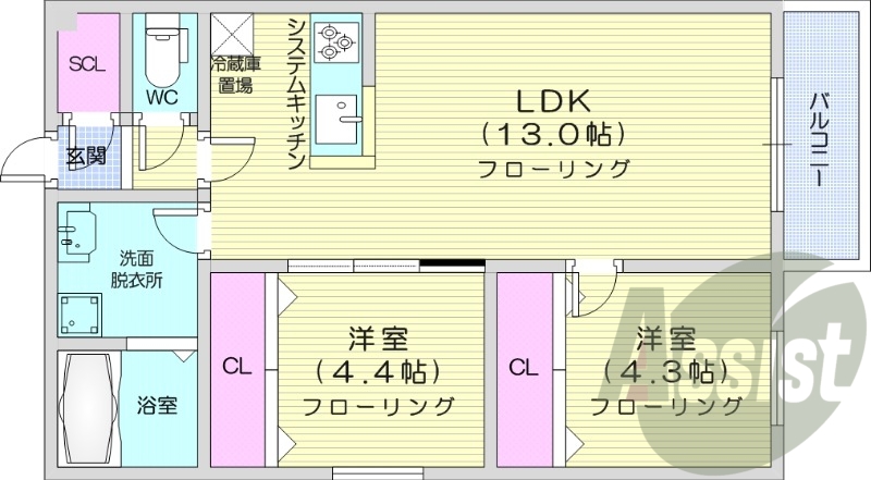 2LDK、エアコン、都市ガス、システムキッチン