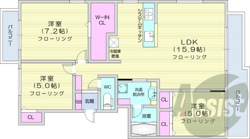 3LDK、都市ガス、分譲タイプ、追い焚き、浴室乾燥機