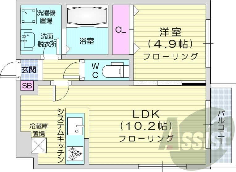 1LDK、都市ガス、エアコン、宅配ボックス、浴室乾燥機
