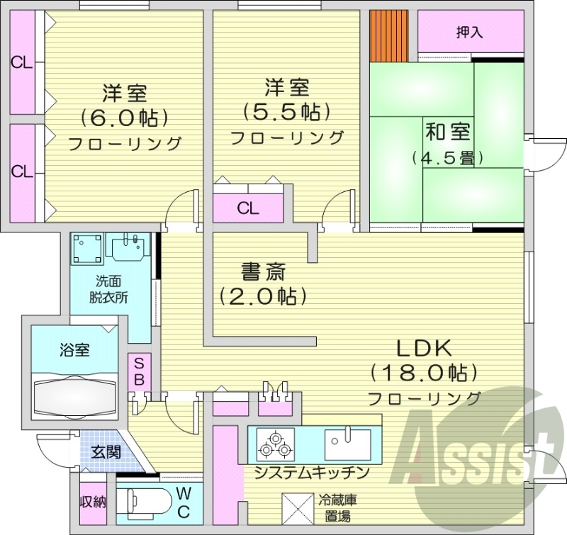 3LDK、独立洗面台、システムキッチン、