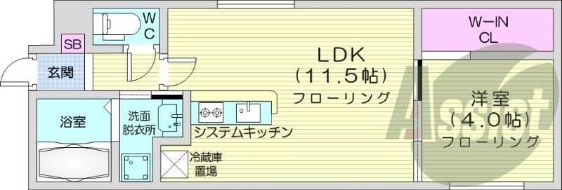 1LDK、エアコン、都市ガス、システムキッチン