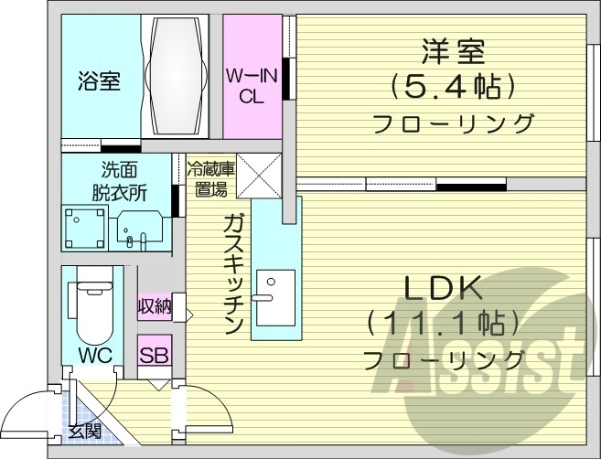 1LDK、エアコン、都市ガス、システムキッチン