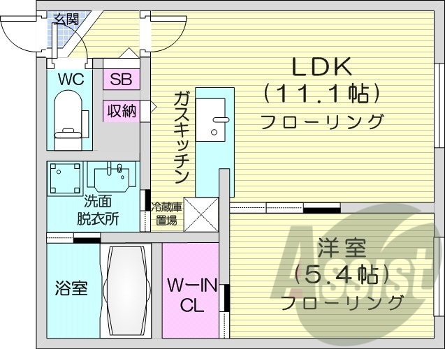 1LDK、エアコン、都市ガス、システムキッチン