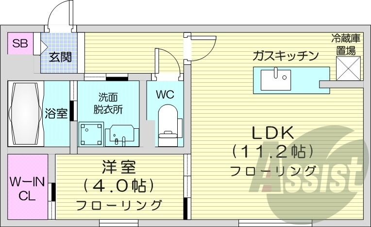 1LDK、エアコン、都市ガス、システムキッチン