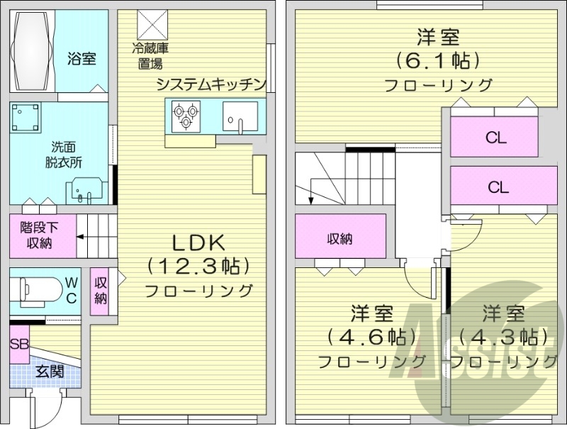 3LDK、システムキッチン、エアコン、独立洗面台